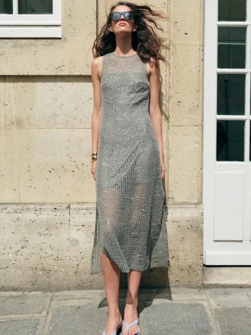 ZARA Silver Sequin Metallic Knit Midi Dress Size S